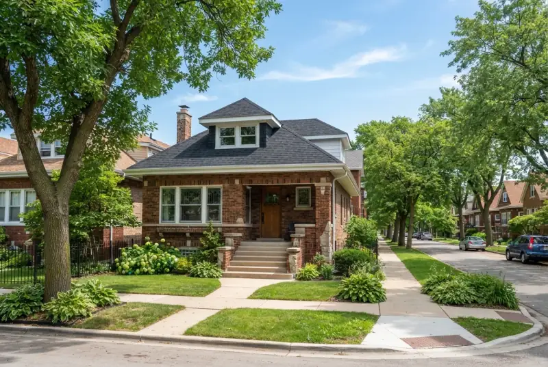 Front elevation of a Chicago brick bungalow: hipped shingle roof, shed dormer, stone steps and a bay window