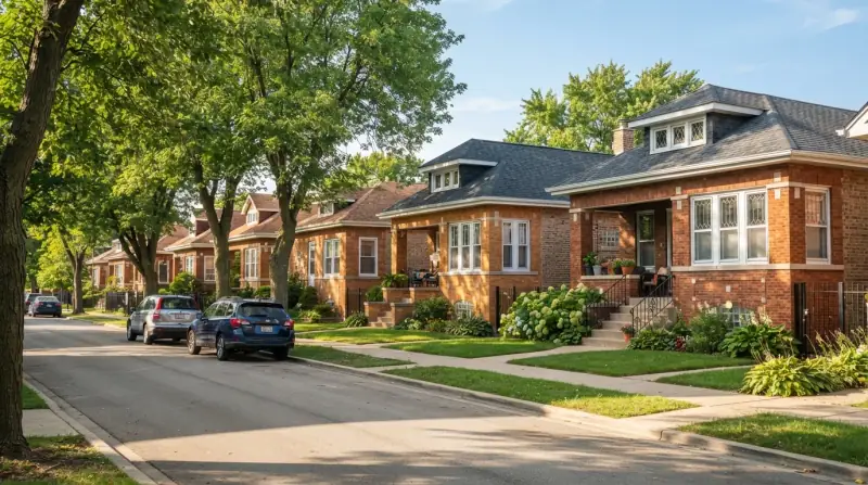 Block of brick bungalows with hipped shingle roofs and front dormers on a shaded street, cars parked along the kerb