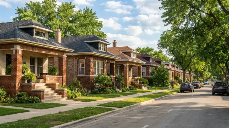 Row of 1920s Chicago brick bungalows with hipped roofs and dormers along a tree-lined residential street