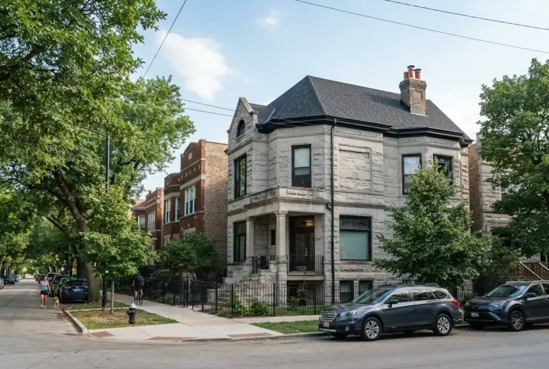 Chicago greystone two-flat on a corner lot, with a steep slate-grey roof, dormer and brick chimney, apartment buildings continuing down the block
