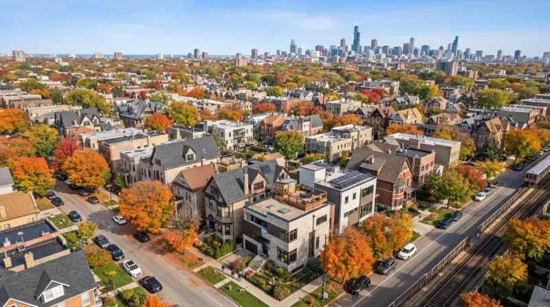Aerial view over a dense Chicago residential neighborhood in autumn colour, mixed rooflines and the downtown skyline on the horizon