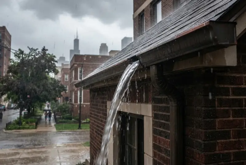 Rainwater pouring out of a gutter outlet on a brick building during a heavy downpour, wet street and Chicago skyline behind