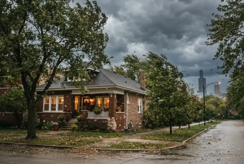 Brick bungalow with lit windows under a dark storm sky, wind blowing hard through the trees along the street