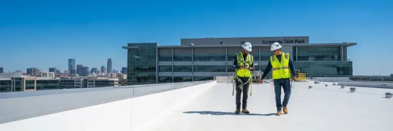 Two roofers walking across a large white membrane flat roof on a clear day, with a commercial building behind them