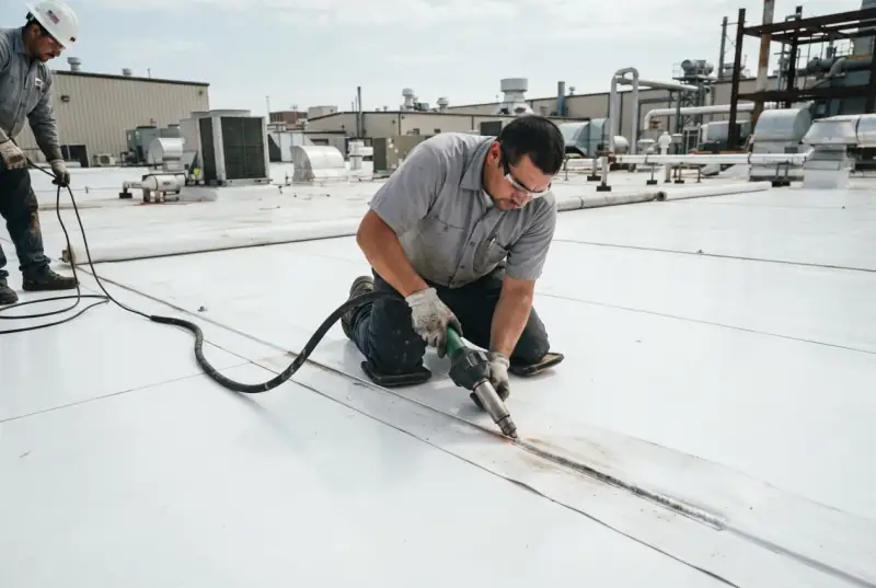 Worker kneeling on a white single-ply membrane roof running a hot-air welder along a seam, a second worker feeding the hose behind him