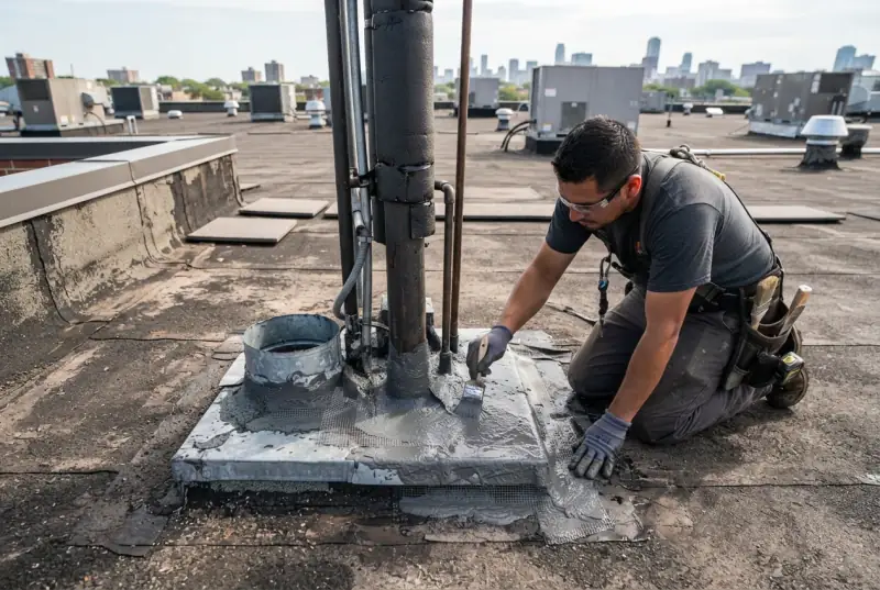 Worker brushing liquid-applied flashing and reinforcing fabric around a cluster of pipe penetrations on a low-slope roof, city skyline behind