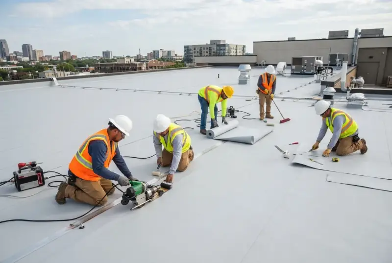 Crew of five in high-visibility vests and hard hats rolling out and welding white membrane across a large commercial flat roof