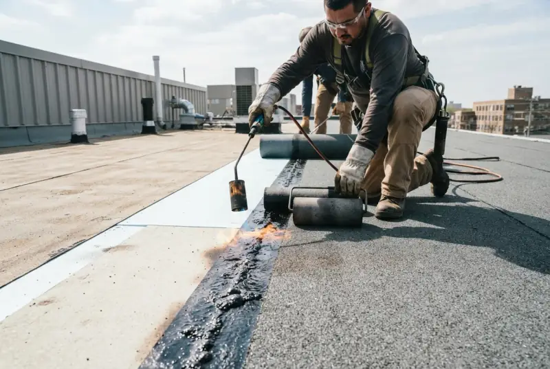 Roofer torching down a roll of modified bitumen along the edge of a low-slope roof, molten asphalt bleeding out at the seam