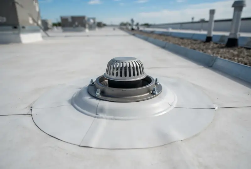 Close-up of a metal roof drain with its strainer dome, clamped into the white membrane of a commercial low-slope roof