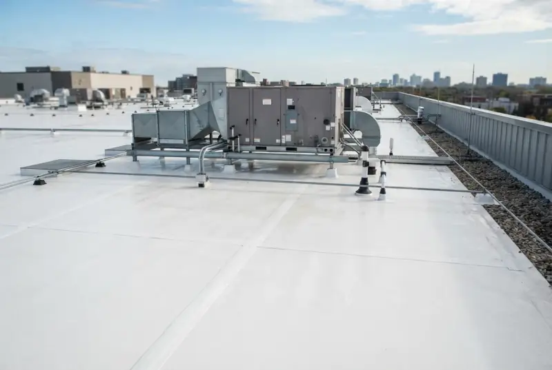 White single-ply membrane roof on a commercial building with rooftop HVAC units, a ballast border and a distant skyline