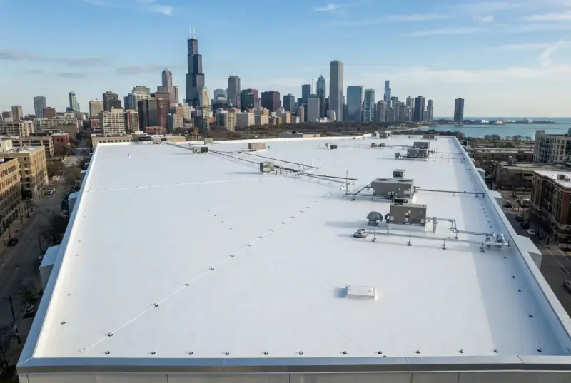 Aerial view of a bright white single-ply membrane roof filling the frame, with the Chicago skyline and the lake on the horizon