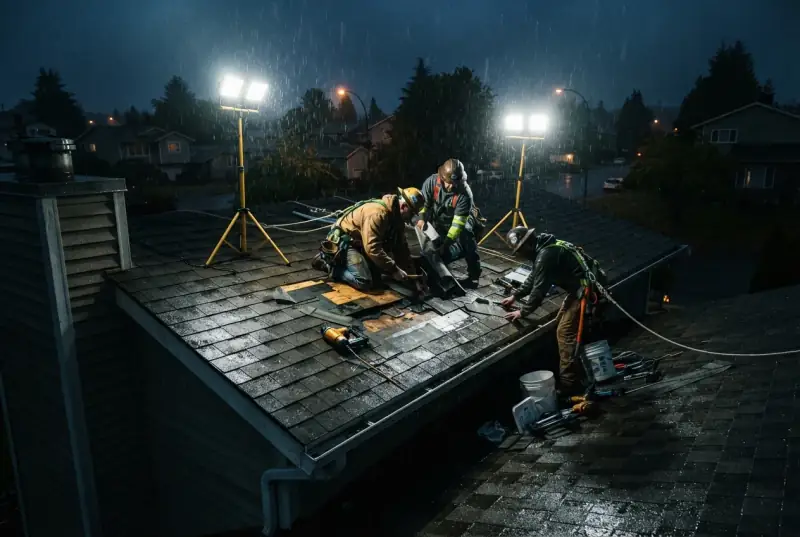 Three roofers working under portable floodlights at night in the rain, cutting out and patching a damaged section of a house roof