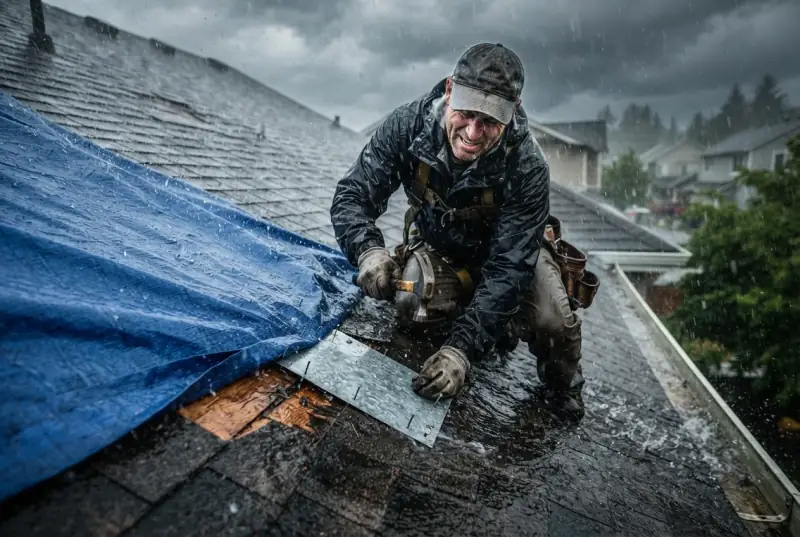 Roofer in wet-weather gear fastening a metal patch and blue tarp over damaged shingles in driving rain