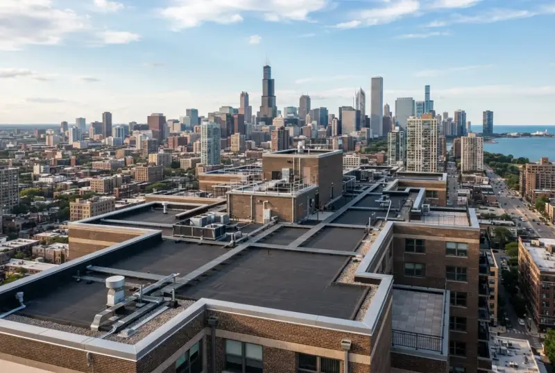 Aerial view across the low-slope roofs of a block of Chicago apartment buildings, rooftop equipment and terraces, downtown skyline and the lake behind