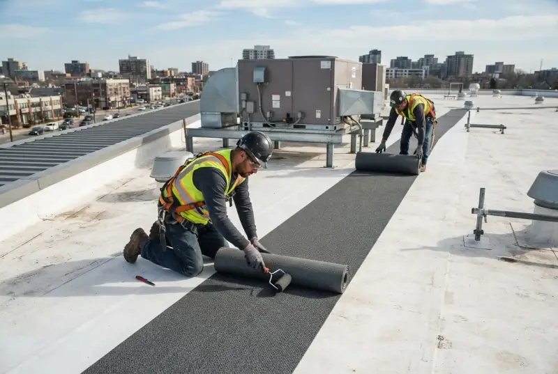 Two workers in high-visibility vests rolling out grey walk-pad matting across a white membrane roof beside rooftop units