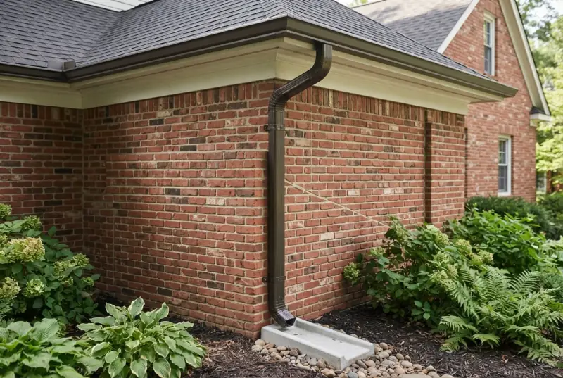 New downspout running down the brick corner of a house to a concrete splash block set in a landscaped bed