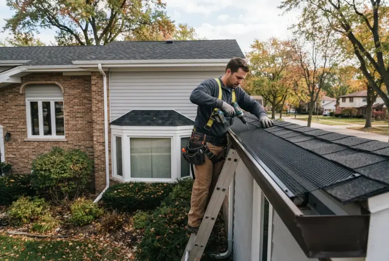 Worker on a ladder fitting a black mesh gutter guard along the gutter of a suburban house, autumn trees down the street behind