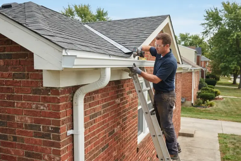 Worker on a ladder fastening a length of new white seamless gutter to the fascia of a brick house