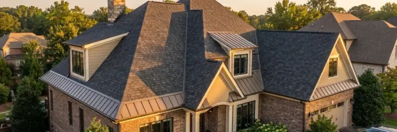 Brick and stone home photographed at dusk, its shingle roof and copper-toned metal accents in sound condition