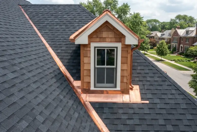 New copper flashing and valley lining around a cedar-shingled dormer window set into a dark asphalt shingle roof
