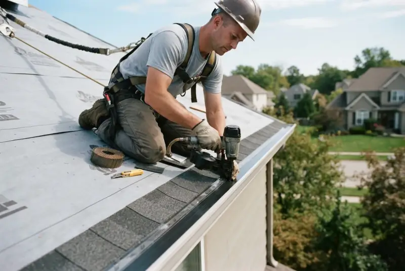 Roofer in a safety harness nailing the first courses of shingles above the eave, underlayment still exposed up the slope behind him