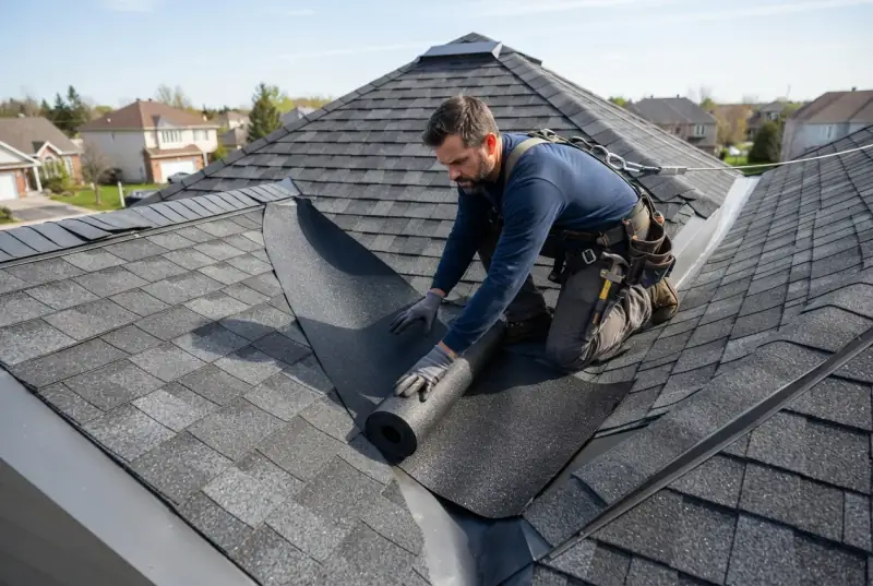 Roofer rolling out a course of self-adhering ice-and-water membrane across a roof valley before the shingles go back on