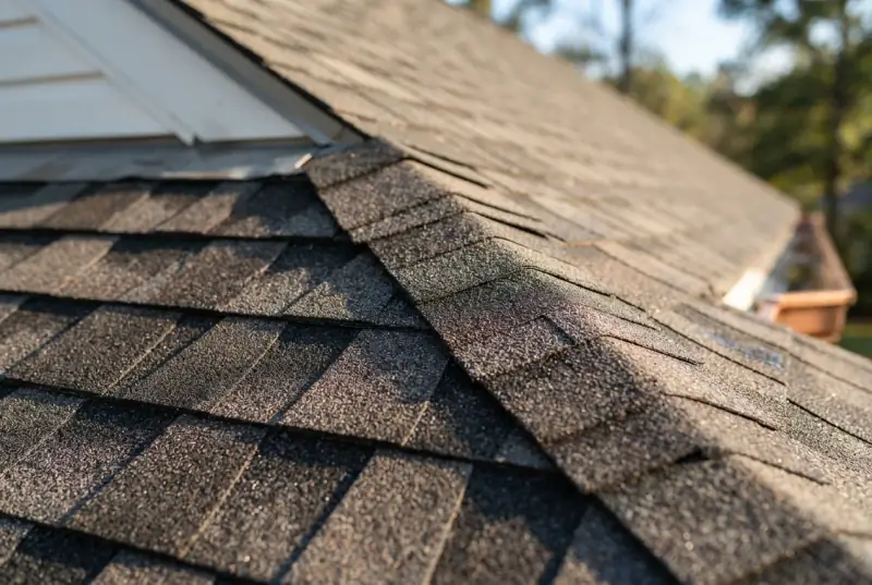 Close-up of the staggered courses of weathered architectural asphalt shingles running up to a roof hip beside a dormer