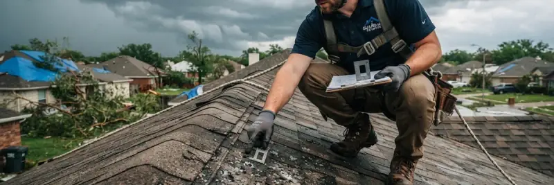 Roofer kneeling on a weathered shingle roof, marking damaged areas on a clipboard during an inspection