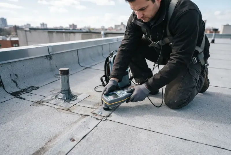 Technician kneeling on a low-slope roof sweeping a handheld leak-detection instrument across the membrane beside a pipe penetration