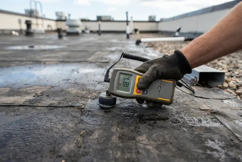 Gloved hand pressing a handheld moisture meter against a wet patch of a low-slope roof, its display reading a moisture percentage