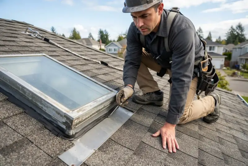 Inspector running a hand along the metal flashing at the edge of a skylight to check the seal against the surrounding shingles