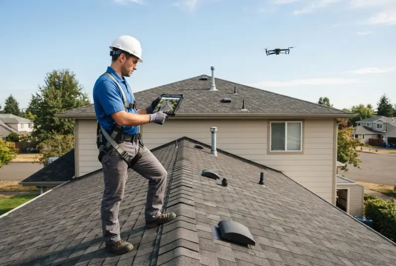 Inspector in a hard hat and harness standing on a shingle roof working from a tablet while a survey drone hovers overhead
