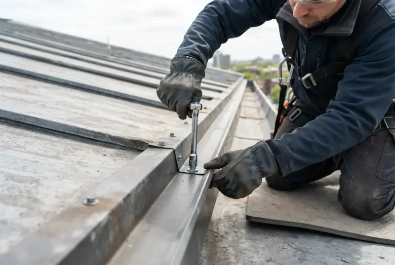 Worker tightening a fastener on the metal edge trim of a low-slope roof with a nut driver, city rooftops behind