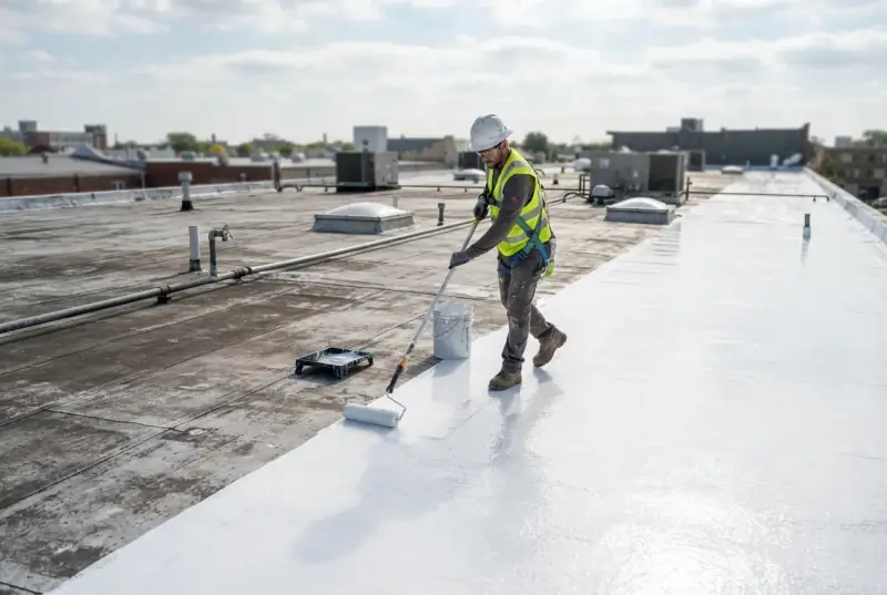 Worker rolling a white reflective coating across a section of a commercial low-slope roof, the uncoated grey surface still visible alongside