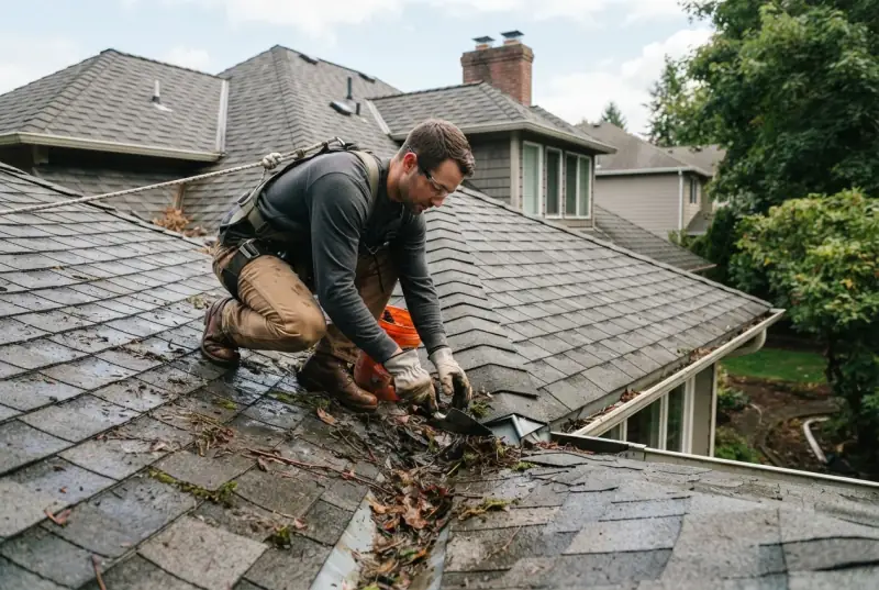 Roofer scooping wet leaves and debris out of a roof valley with a hand scoop, moss visible along the shingle courses