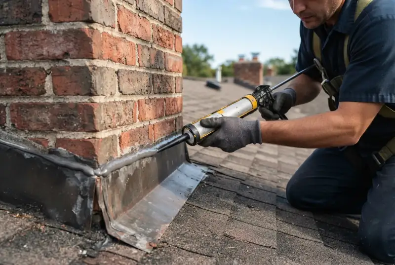 Roofer running a bead of sealant from a caulking gun along the counter flashing where a brick chimney meets the shingle roof