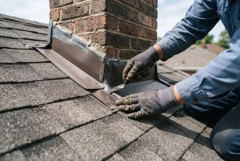 Roofer bedding new metal step and counter flashing into sealant at the base of a brick chimney on a shingle roof