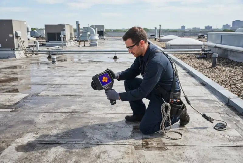 Technician kneeling on a low-slope commercial roof aiming a handheld thermal imaging camera at the membrane, rooftop units and city skyline behind