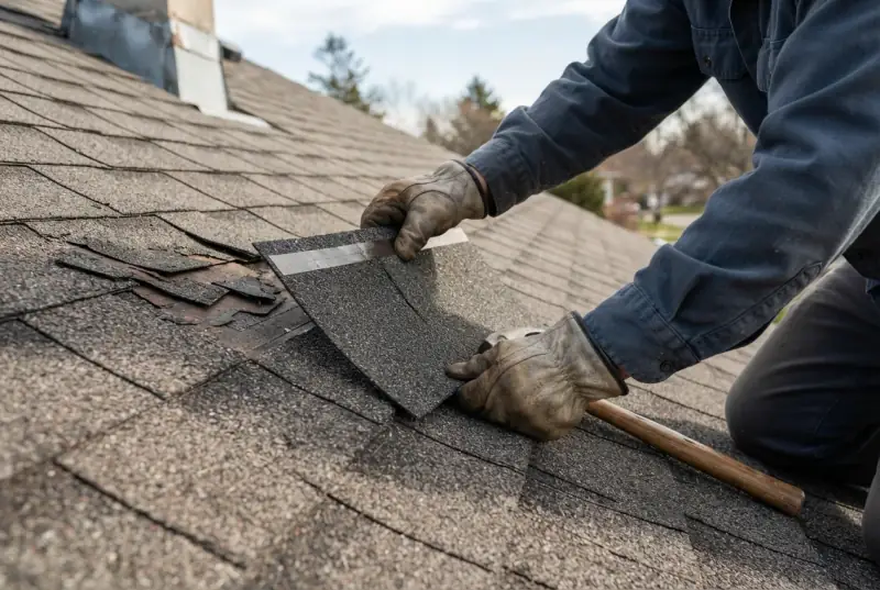 Roofer in work gloves lifting a replacement asphalt shingle into a gap where damaged shingles have been removed, hammer resting on the roof
