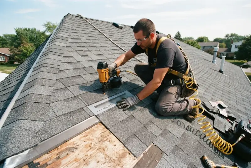 Roofer driving fasteners through a course of architectural shingles with a pneumatic nail gun, exposed decking still visible at the eave below