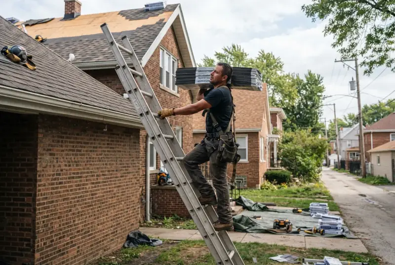 Roofer carrying a bundle of shingles on one shoulder up a ladder to a roof stripped to the decking, tarps and materials staged in the alley below