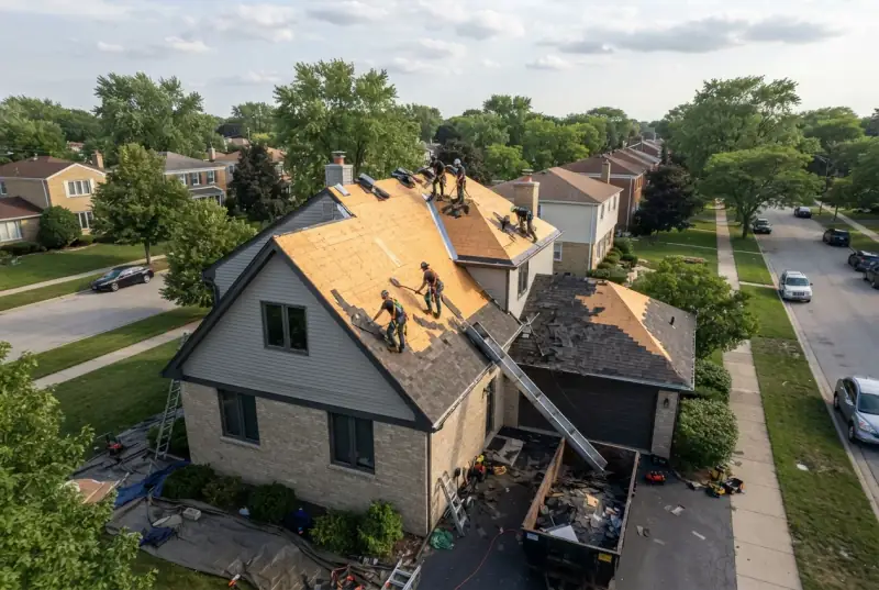 Aerial view of a house mid-reroof: a crew works across a roof stripped back to bare plywood decking, with old shingles still on the garage and a skip in the drive
