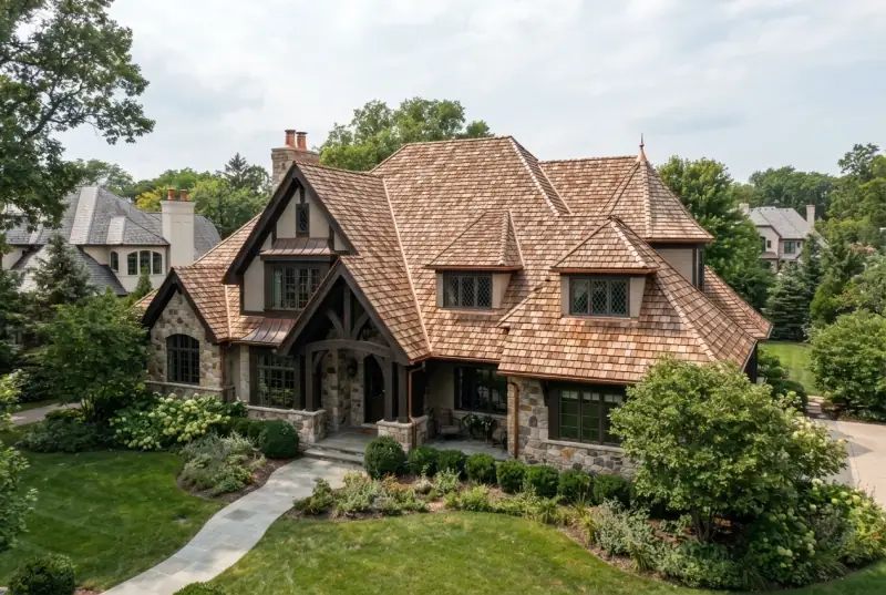 Aerial view of a large stone and timber house roofed in cedar shakes, with copper accents, multiple gables and dormers