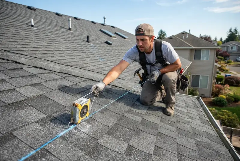 Roofer snapping a blue chalk line across a shingle roof to keep the next course straight, tape measure anchored at the edge