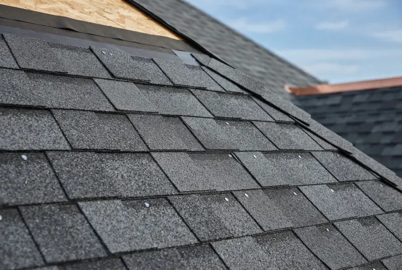 Close-up of dark architectural asphalt shingles laid in staggered courses up a slope, bare decking still exposed at the ridge above