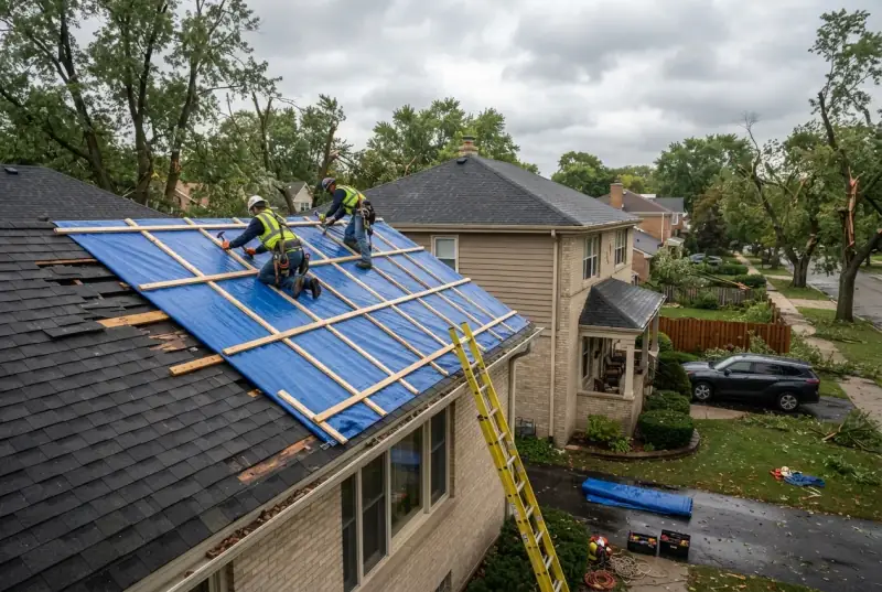Two roofers in high-visibility vests battening a blue tarp over a stripped section of a house roof, storm-damaged trees and branches across the neighbourhood behind