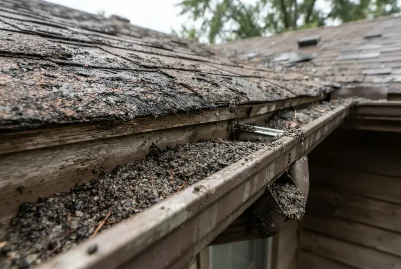 Gutter filled with shingle granules washed off a badly weathered roof, the shingles above worn back to the mat