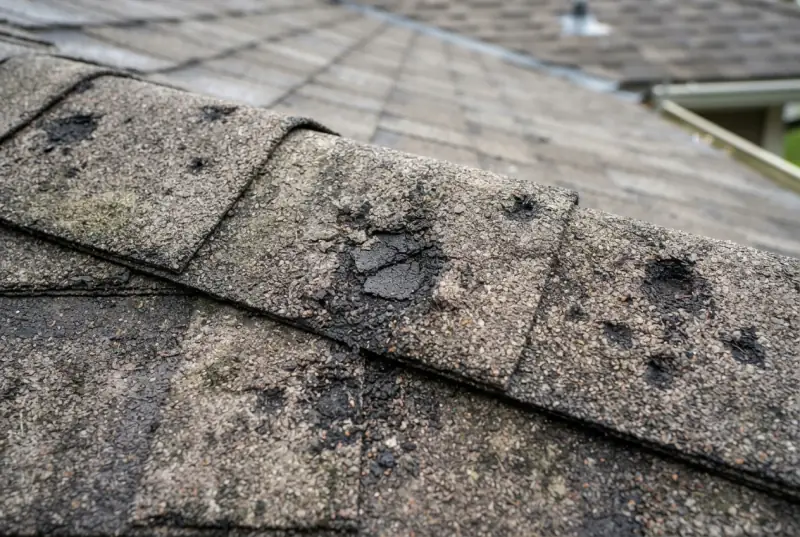 Close-up of hail impact marks across weathered asphalt shingles, granules knocked away to expose the black mat beneath