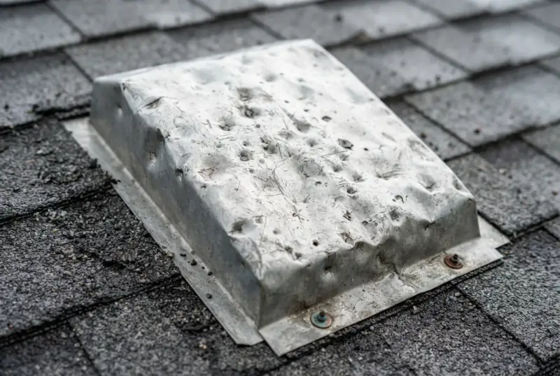 Galvanised metal roof vent covered in hail dents and scoring, sitting on a wet shingle roof