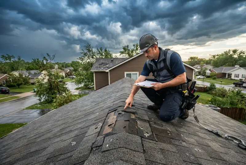 Roofing inspector kneeling on a shingle roof with a clipboard, pointing at a section of torn and missing shingles under a heavy storm sky